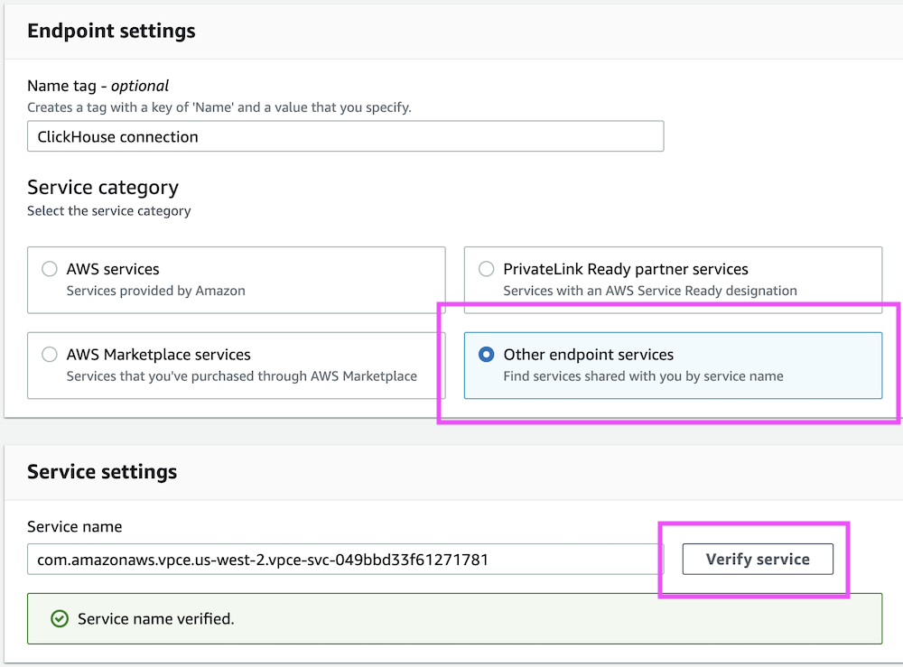 AWS PrivateLink Endpoint Settings